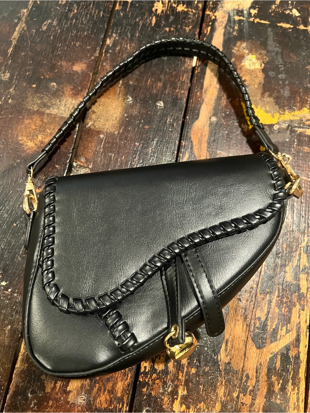 Black Faux Leather Saddle Shoulder Bag with Braided Trim